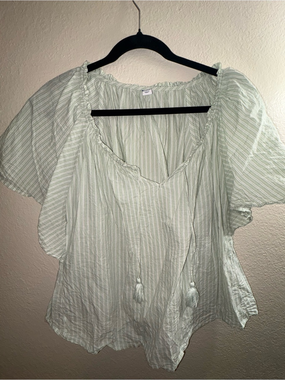 Old Navy Light Green Striped Peasant Top with Tassel Tie